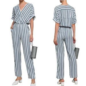 Maje Pando Pandora Striped Twill Relaxed Jumpsuit: Green/White/Blue Faux Wrap
